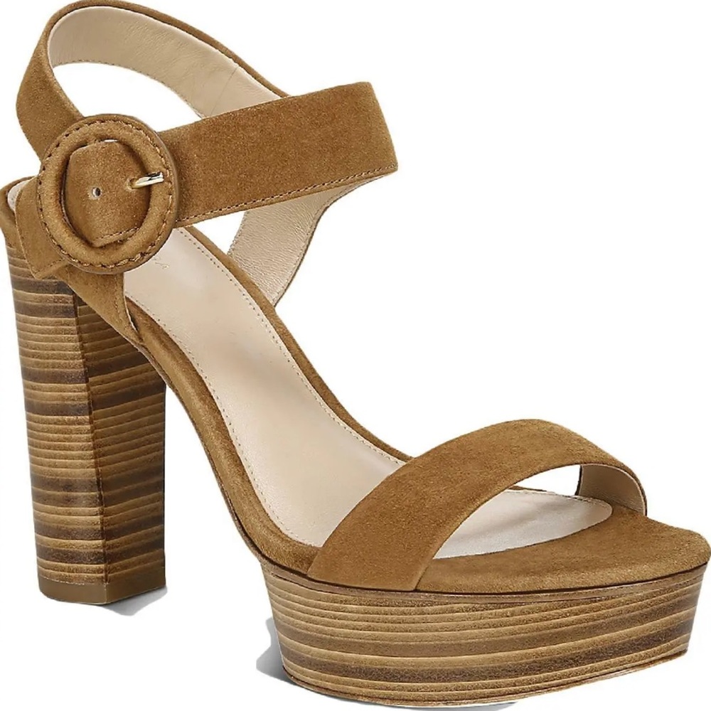 NWOB VIA SPIGA IRA TOFFEE SUEDE PLATFORM SANDALS STACKED HEELS SIZE 10M